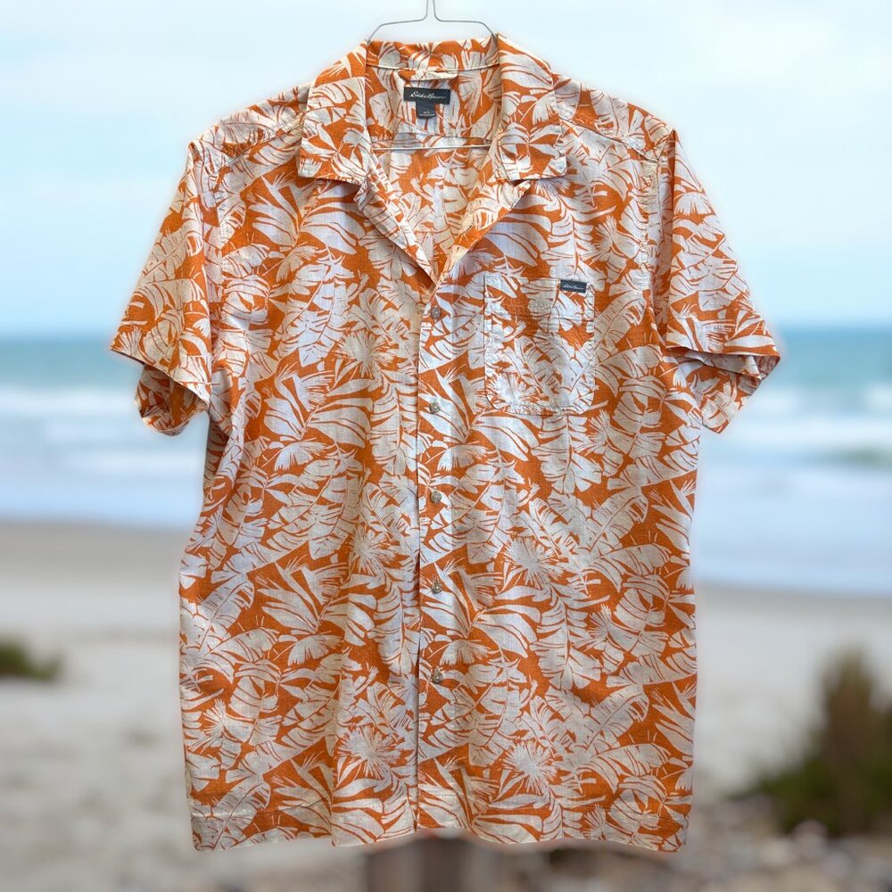 Eddie Bauer Men’s Hawaiian Shirt L Orange White Tropical Leaf Short‎ Sleeve